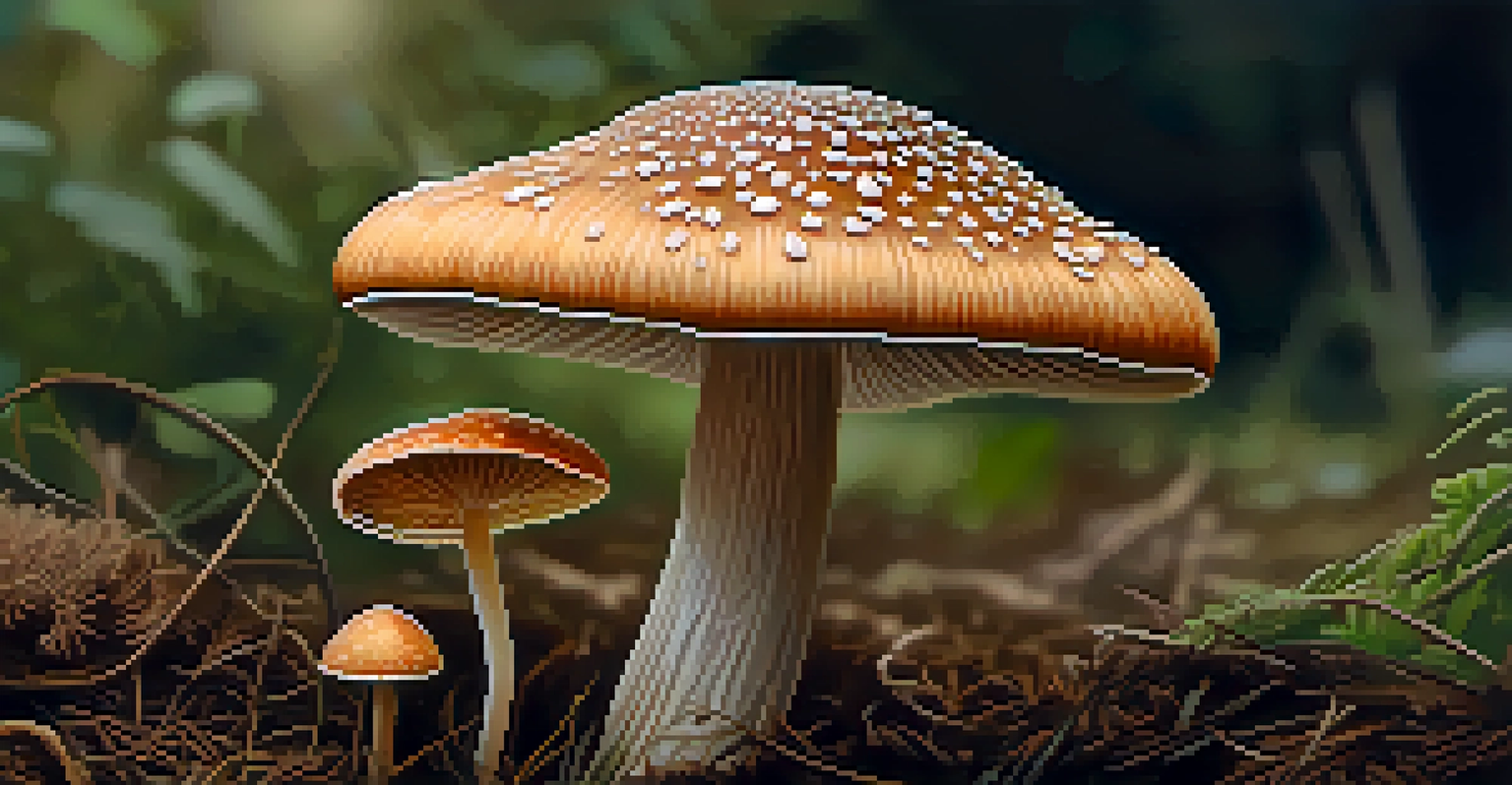 A close-up of a psilocybin mushroom with detailed textures and earthy colors.
