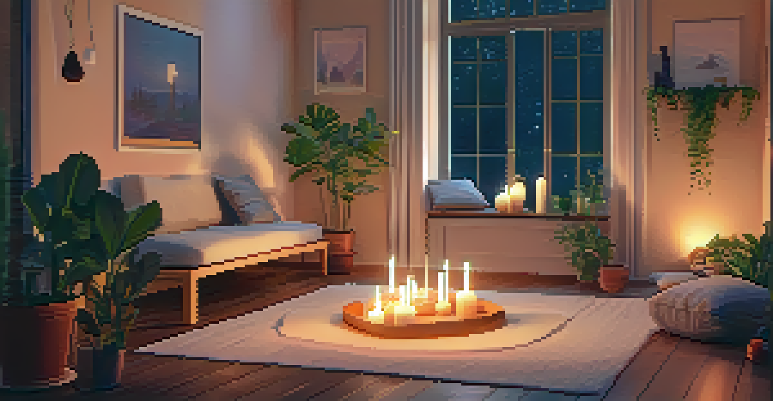 A tranquil room with cushions, candles, and plants, depicting a person meditating peacefully.