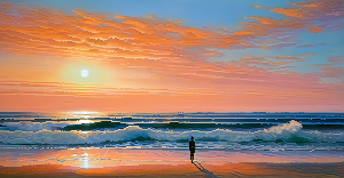 A person standing on the beach at sunset, arms outstretched, looking at the vast ocean with a colorful sky.