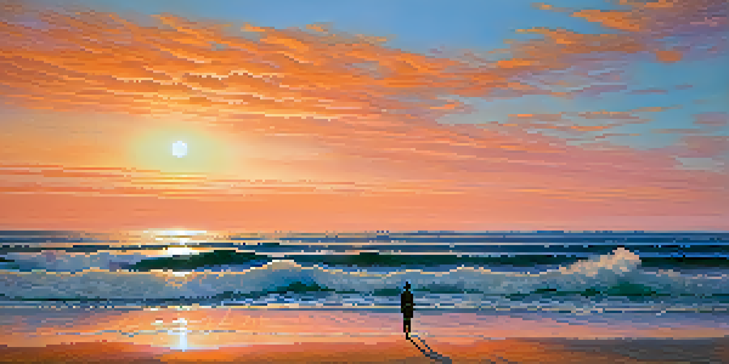 A person standing on the beach at sunset, arms outstretched, looking at the vast ocean with a colorful sky.