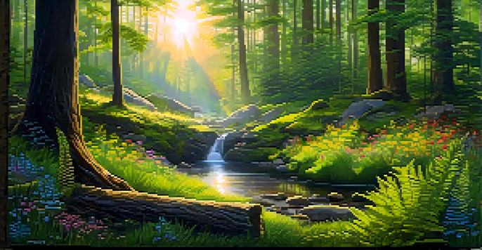 A peaceful forest clearing with sunlight shining through trees, surrounded by green ferns and colorful wildflowers, featuring a circle of stones in the center.