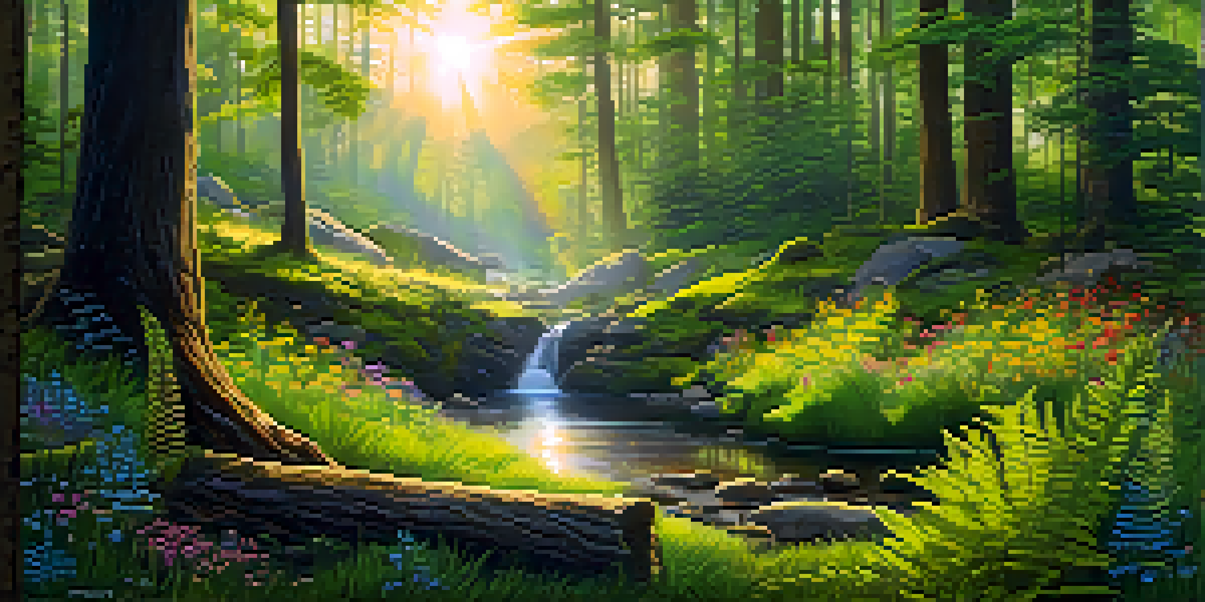 A peaceful forest clearing with sunlight shining through trees, surrounded by green ferns and colorful wildflowers, featuring a circle of stones in the center.