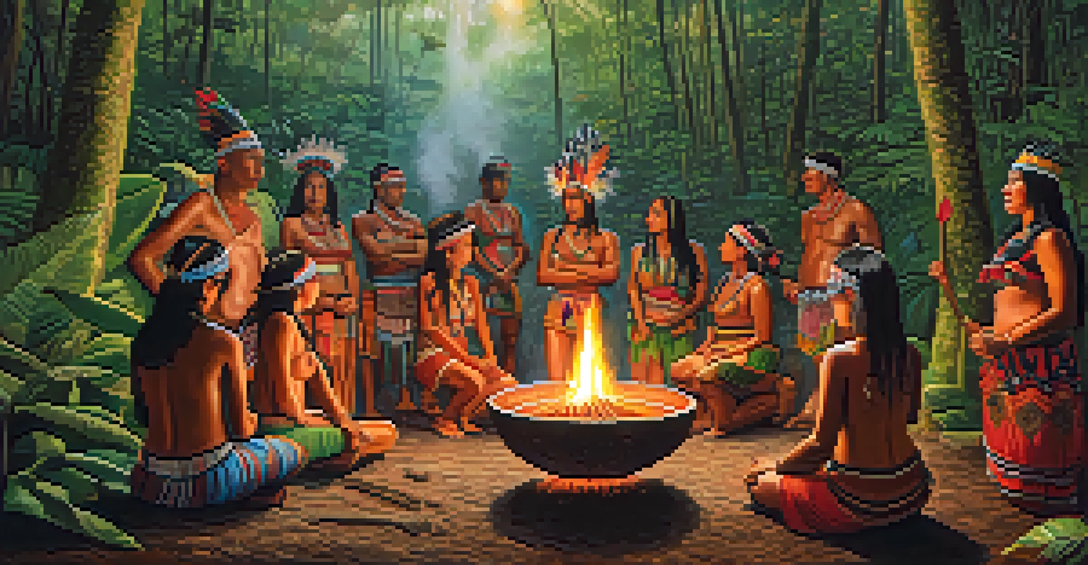 An ancient indigenous ceremony in the Amazon rainforest with individuals in traditional attire gathered around a fire.