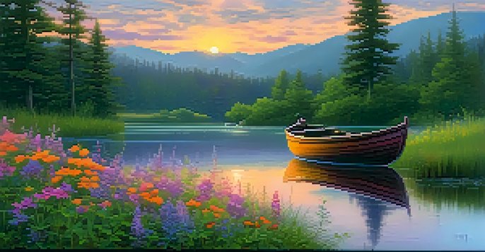 A calm river at dusk with a colorful sunset and a small boat, surrounded by trees and wildflowers.