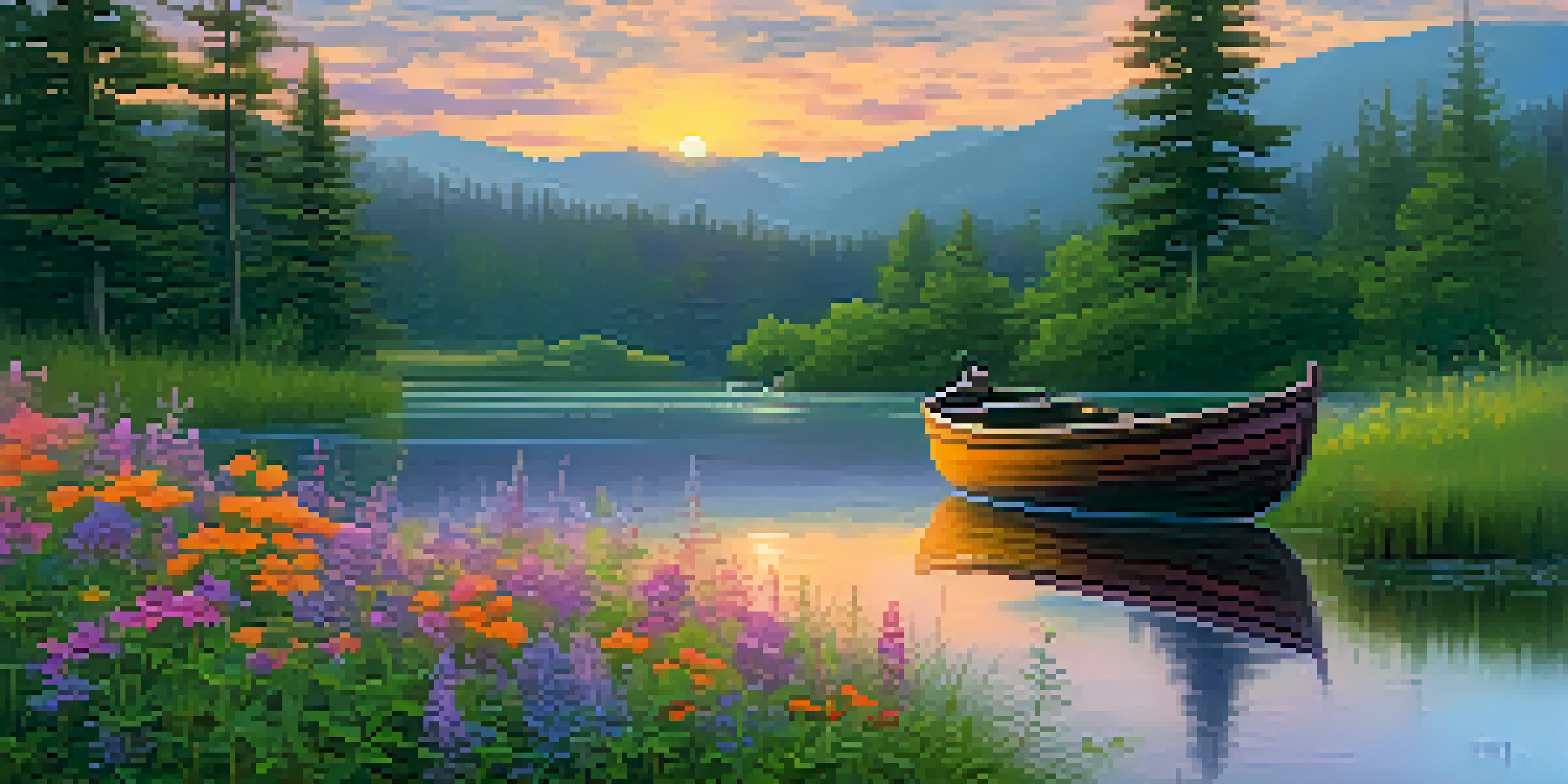 A calm river at dusk with a colorful sunset and a small boat, surrounded by trees and wildflowers.