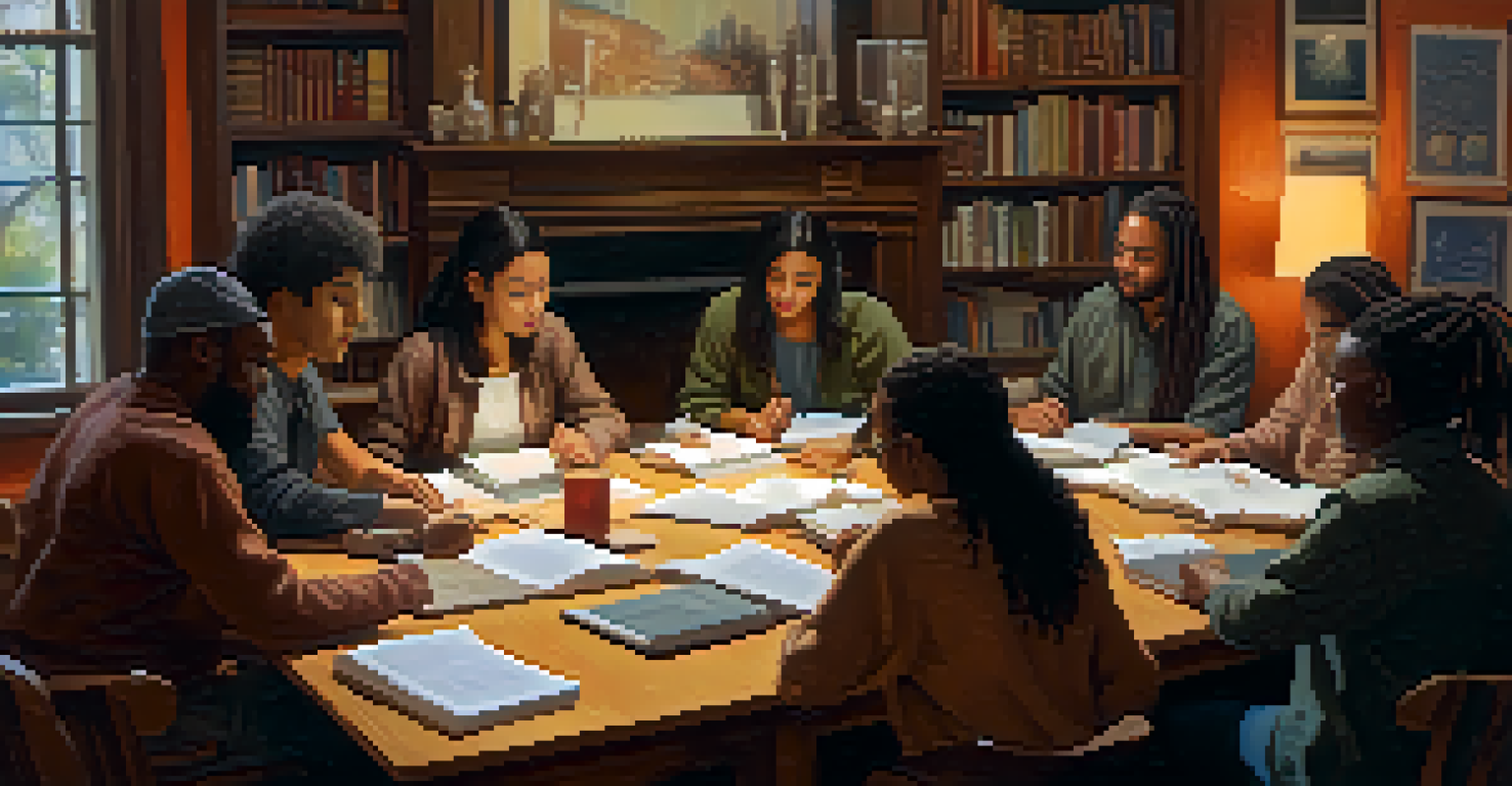A cozy indoor space with a diverse group of people around a table filled with books discussing entheogens, under warm lighting.