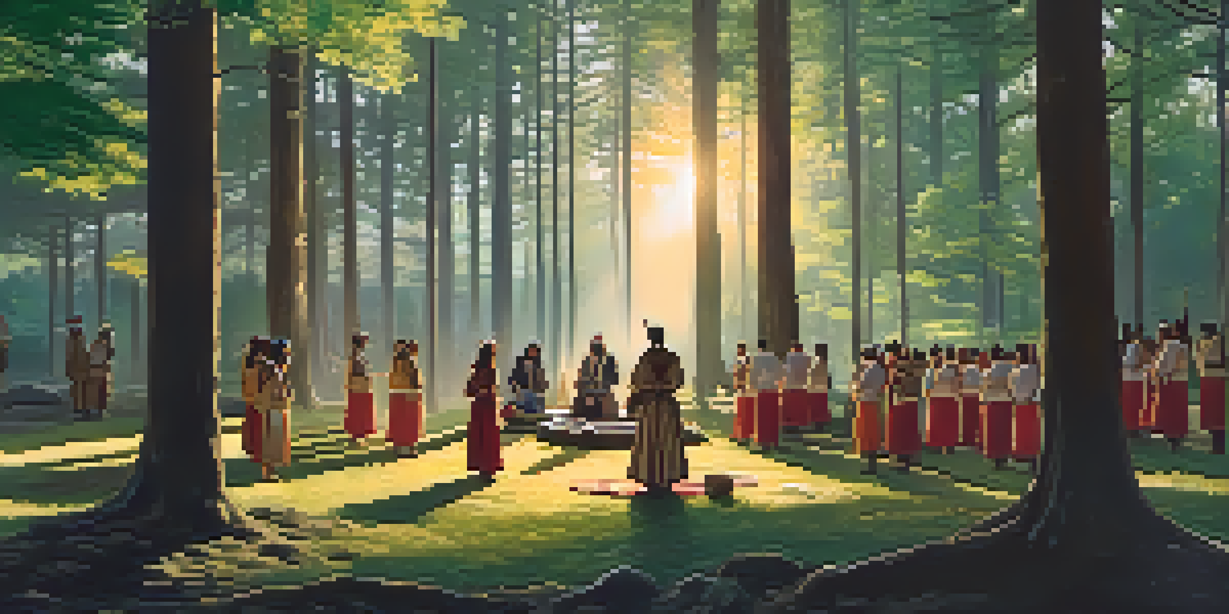 A peaceful forest gathering at dusk with people in traditional clothing engaged in a ritual, surrounded by nature.