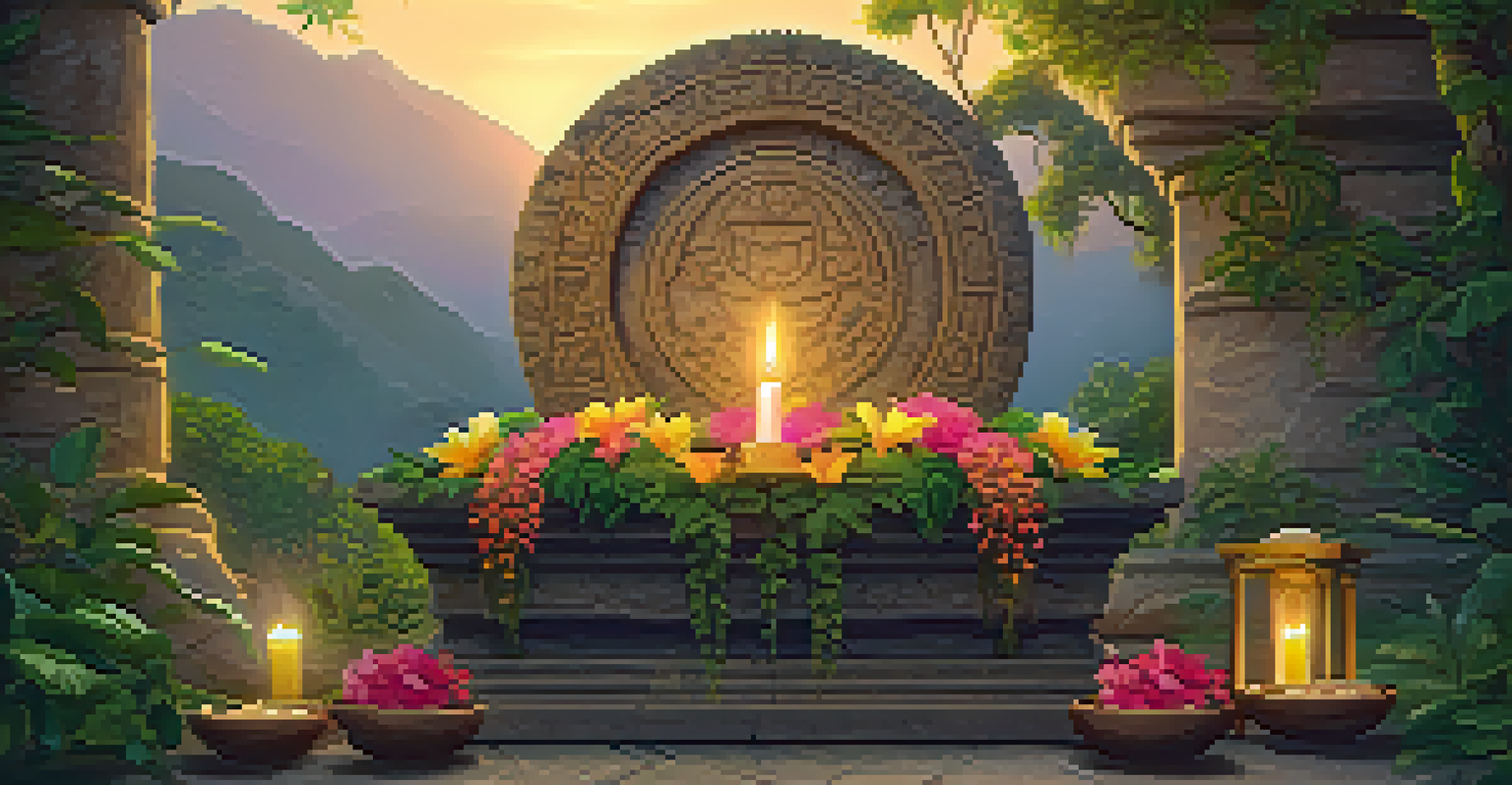 An ancient stone altar in a green setting with flowers and candles, featuring a bowl of ayahuasca brew at the center.