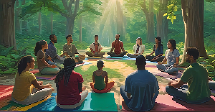 A peaceful forest with a group of diverse activists meditating together in a circle, surrounded by trees and soft morning light.