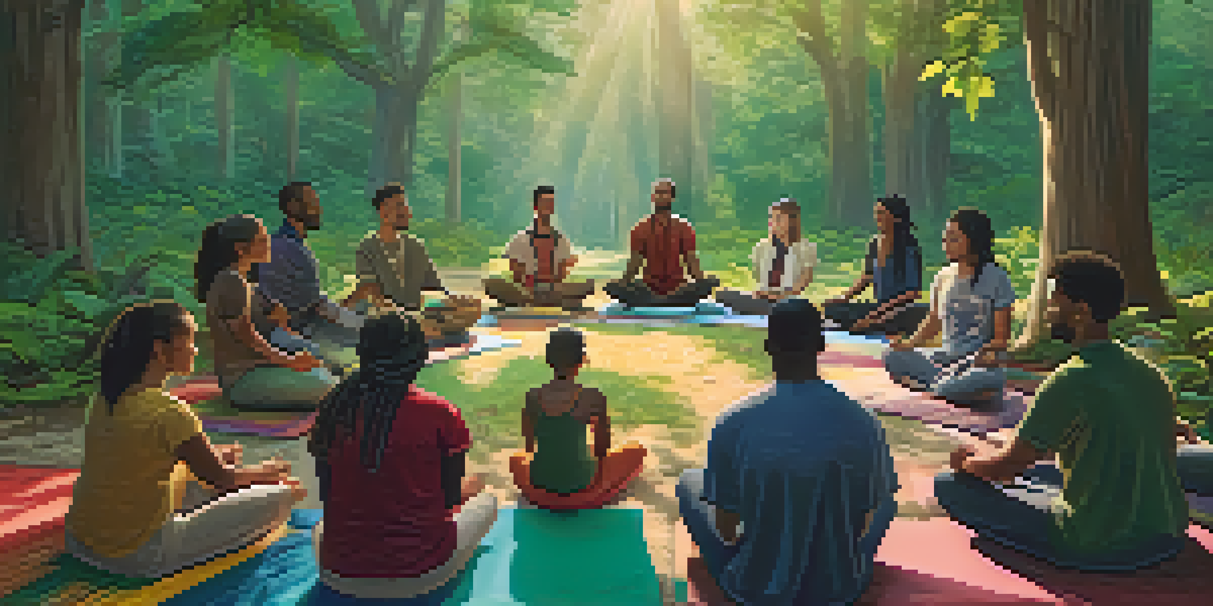 A peaceful forest with a group of diverse activists meditating together in a circle, surrounded by trees and soft morning light.