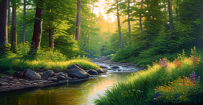 A peaceful forest at sunrise with green trees, colorful wildflowers, and a stream reflecting the light.