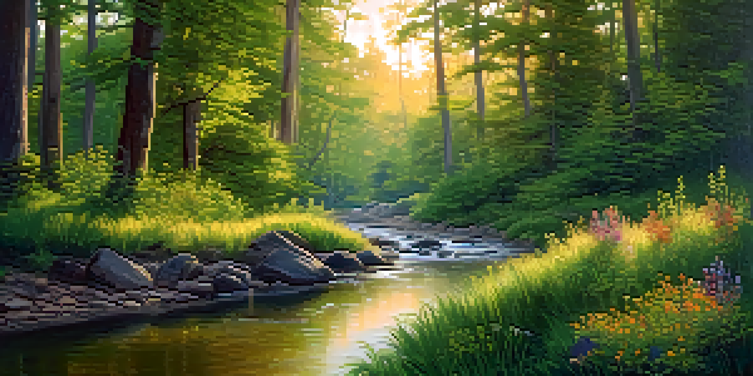 A peaceful forest at sunrise with green trees, colorful wildflowers, and a stream reflecting the light.