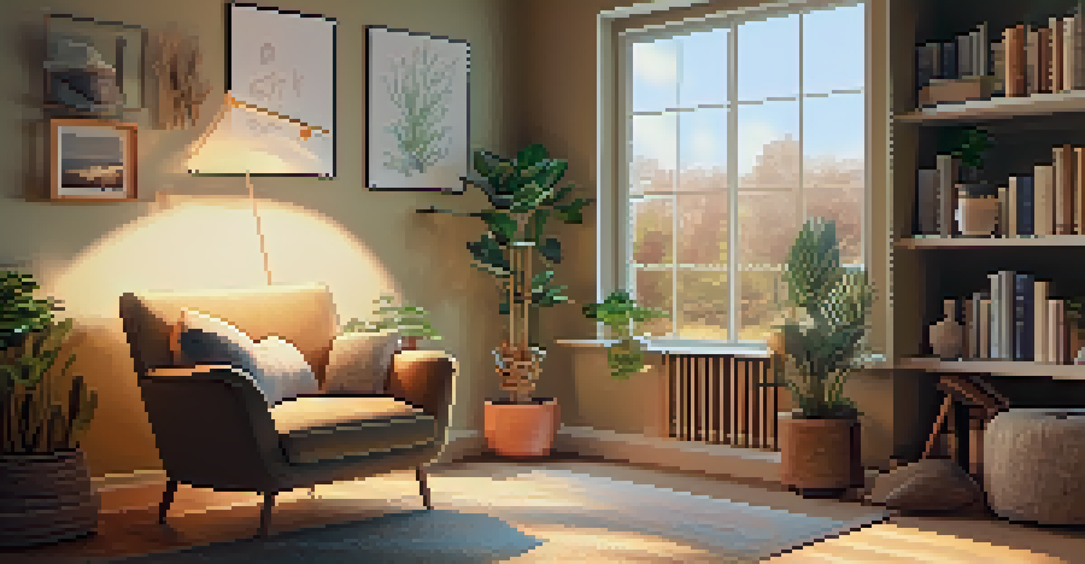 A tranquil therapy room with an armchair, bookshelf, and natural light coming through a window.