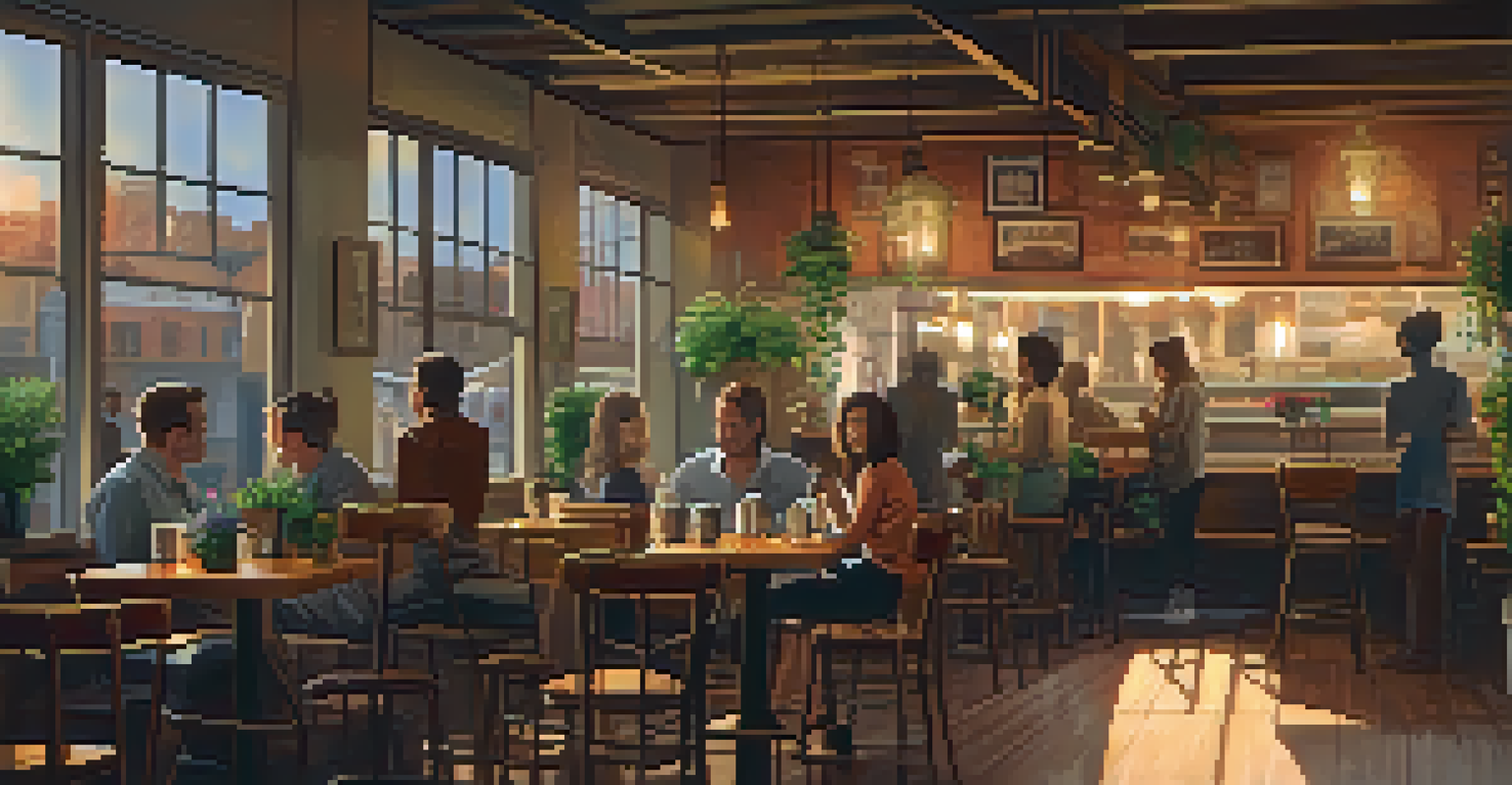 A warm and welcoming café interior with wooden tables, potted plants, and large windows showing a lively street outside.