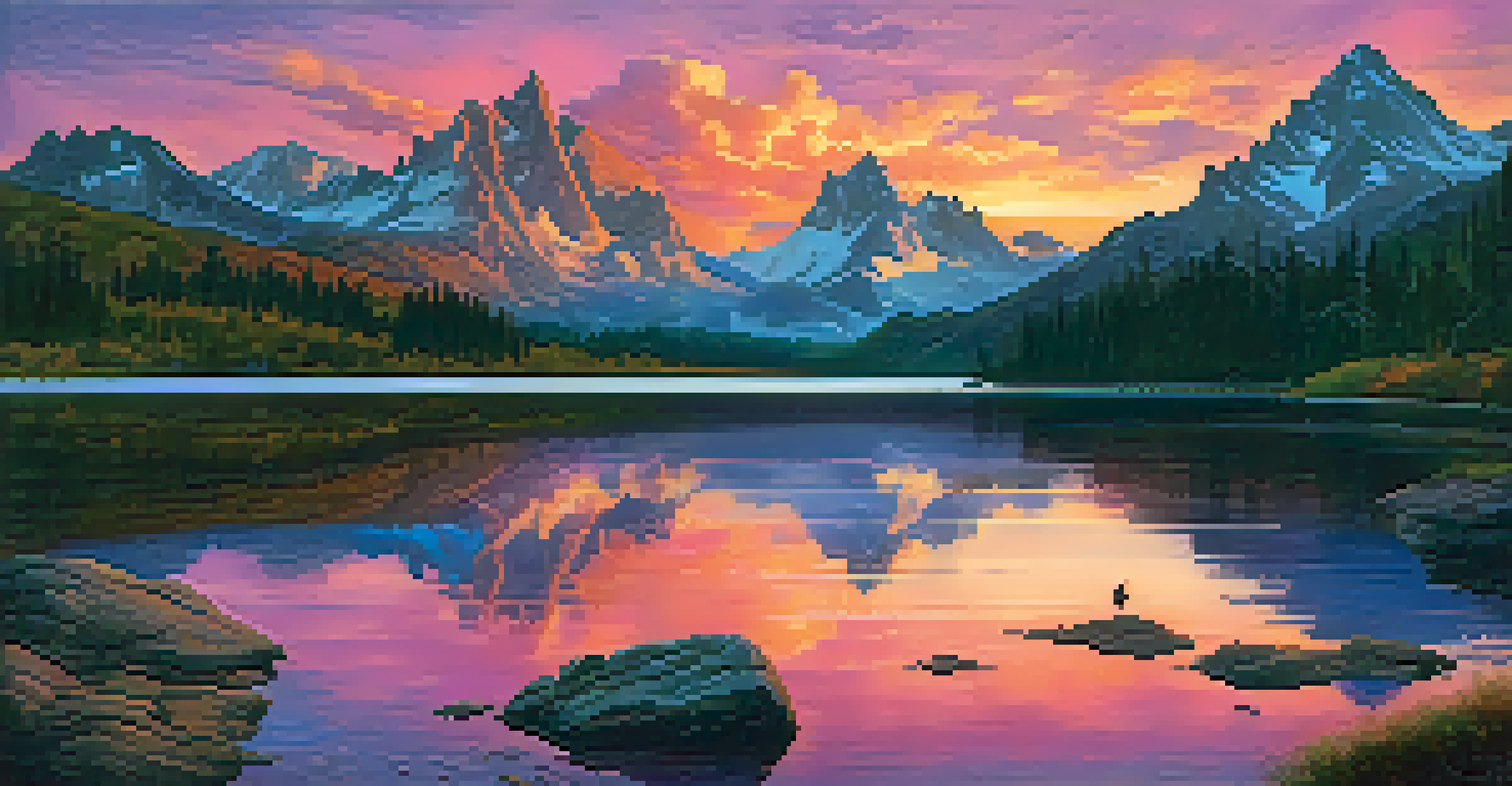 A stunning mountain landscape at sunset with vibrant colors and a calm lake reflecting the sky, featuring a person sitting on a rock.