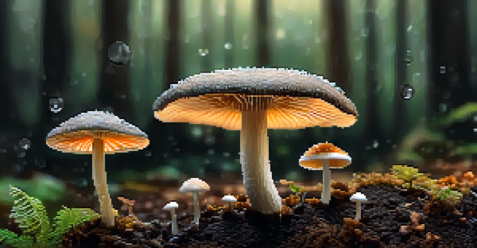 Close-up of psilocybin mushrooms in dark soil, with dew on their caps and a blurred woodland background.