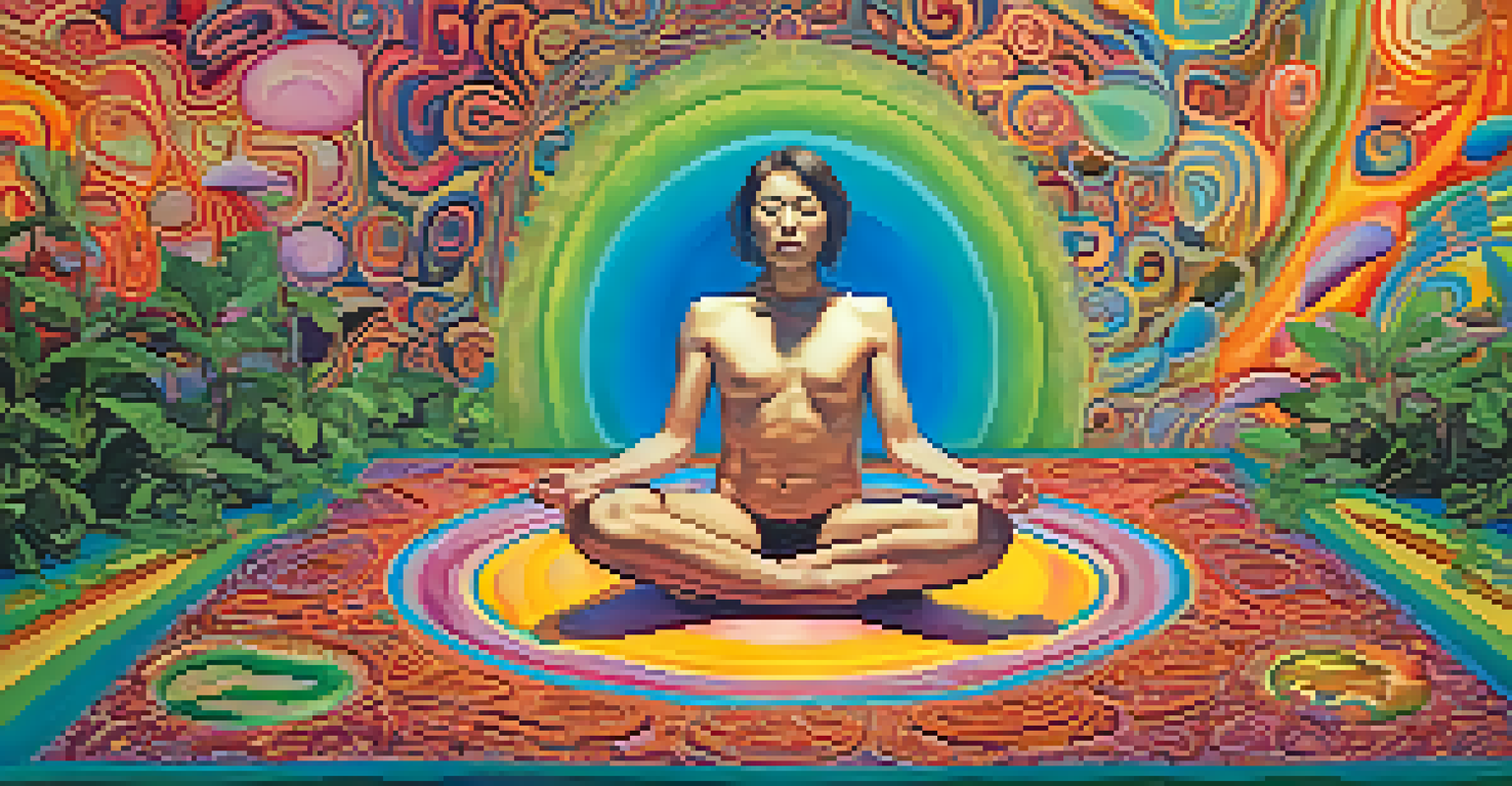 A person meditating on a colorful mat, surrounded by swirling colors and abstract shapes, representing personal transformation and altered perception.