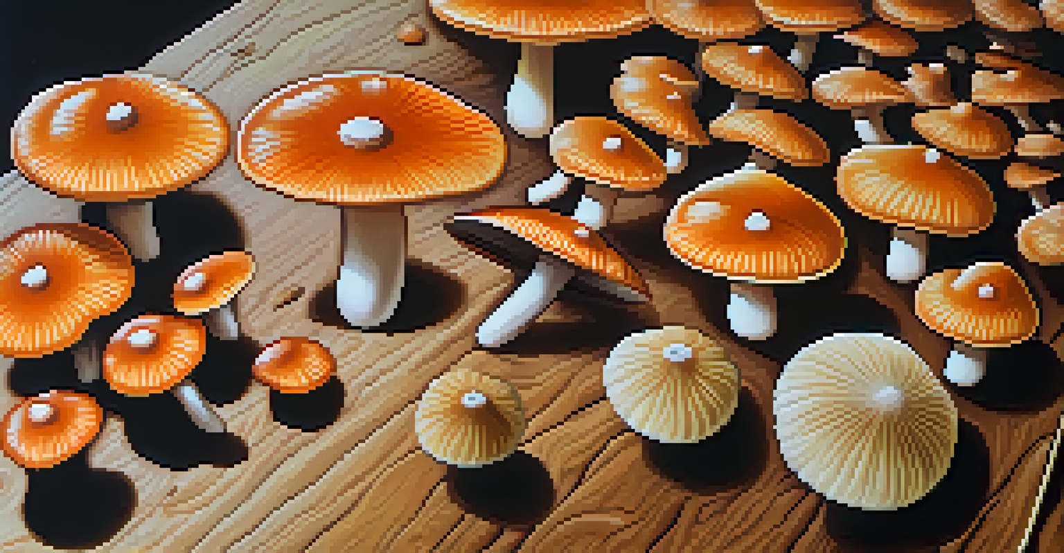 A close-up of psilocybin mushrooms on a wooden table, with blurred figures participating in a ceremony in the background.