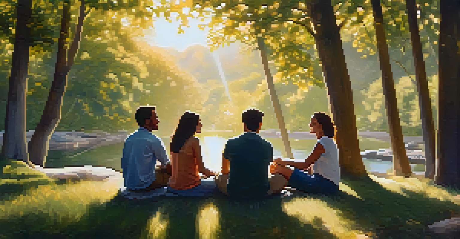 A group of friends supporting each other in a peaceful outdoor environment, surrounded by nature.