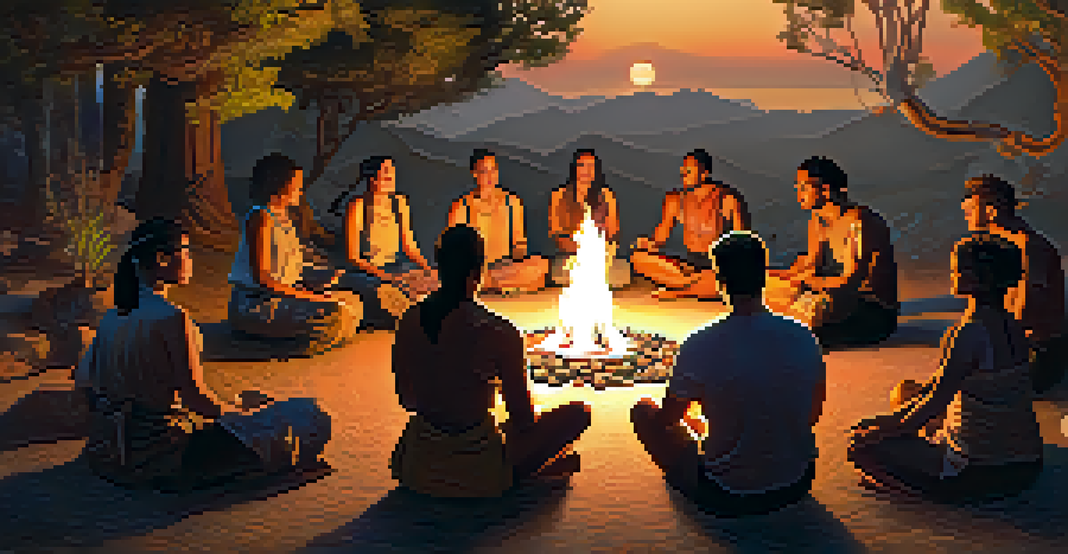 A group of people in a circle around a fire during an entheogen ceremony, surrounded by nature and engaging in conversation.