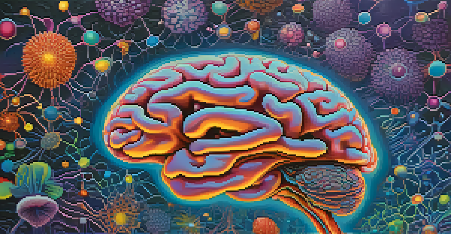 An artistic representation of a brain with neural connections, combined with colorful illustrations of psychedelics.