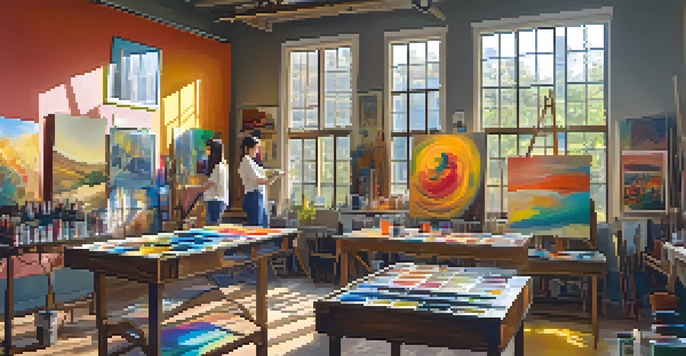 An artist painting in a bright studio filled with colorful artworks and natural light pouring in through the windows.