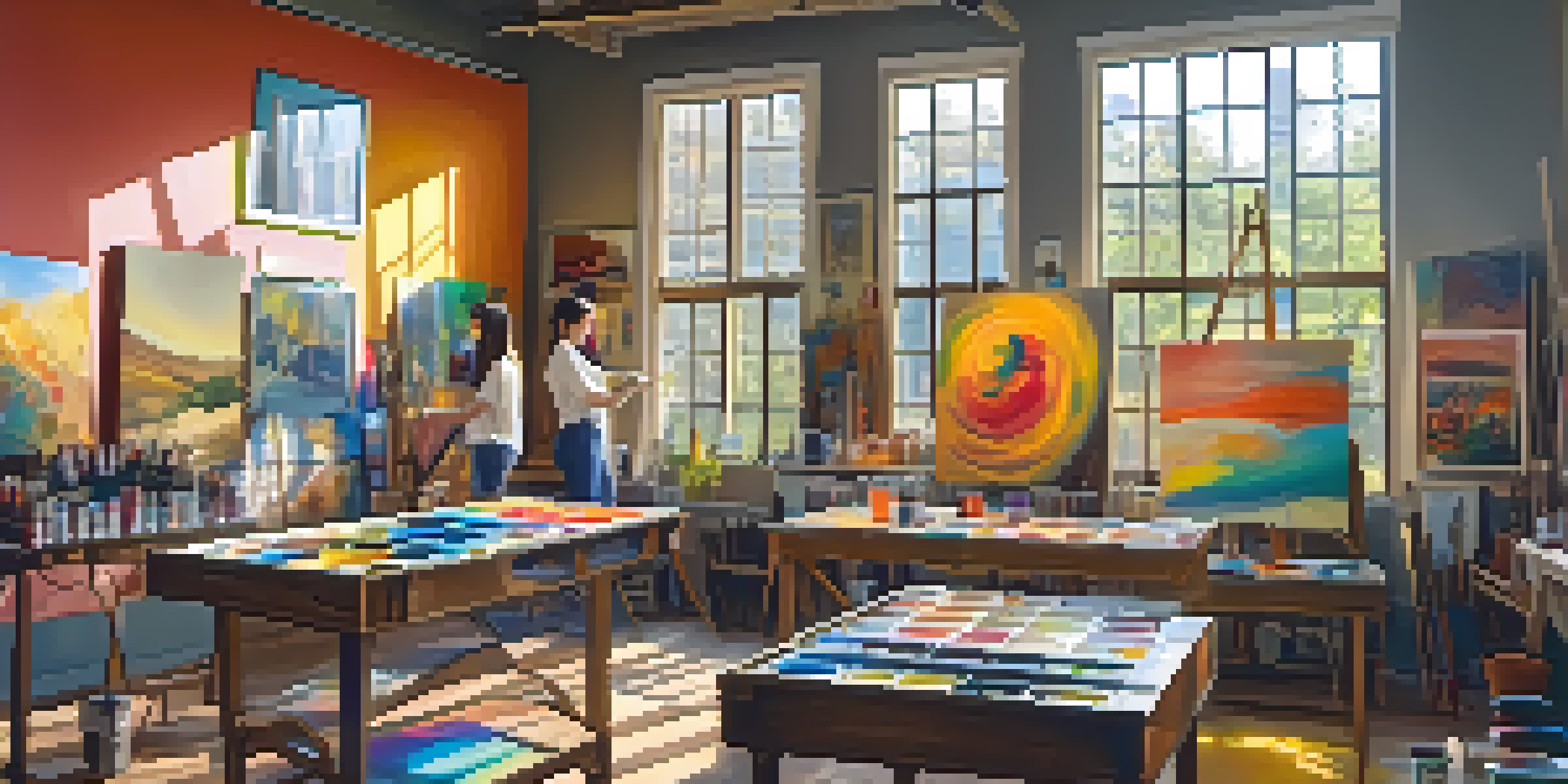 An artist painting in a bright studio filled with colorful artworks and natural light pouring in through the windows.
