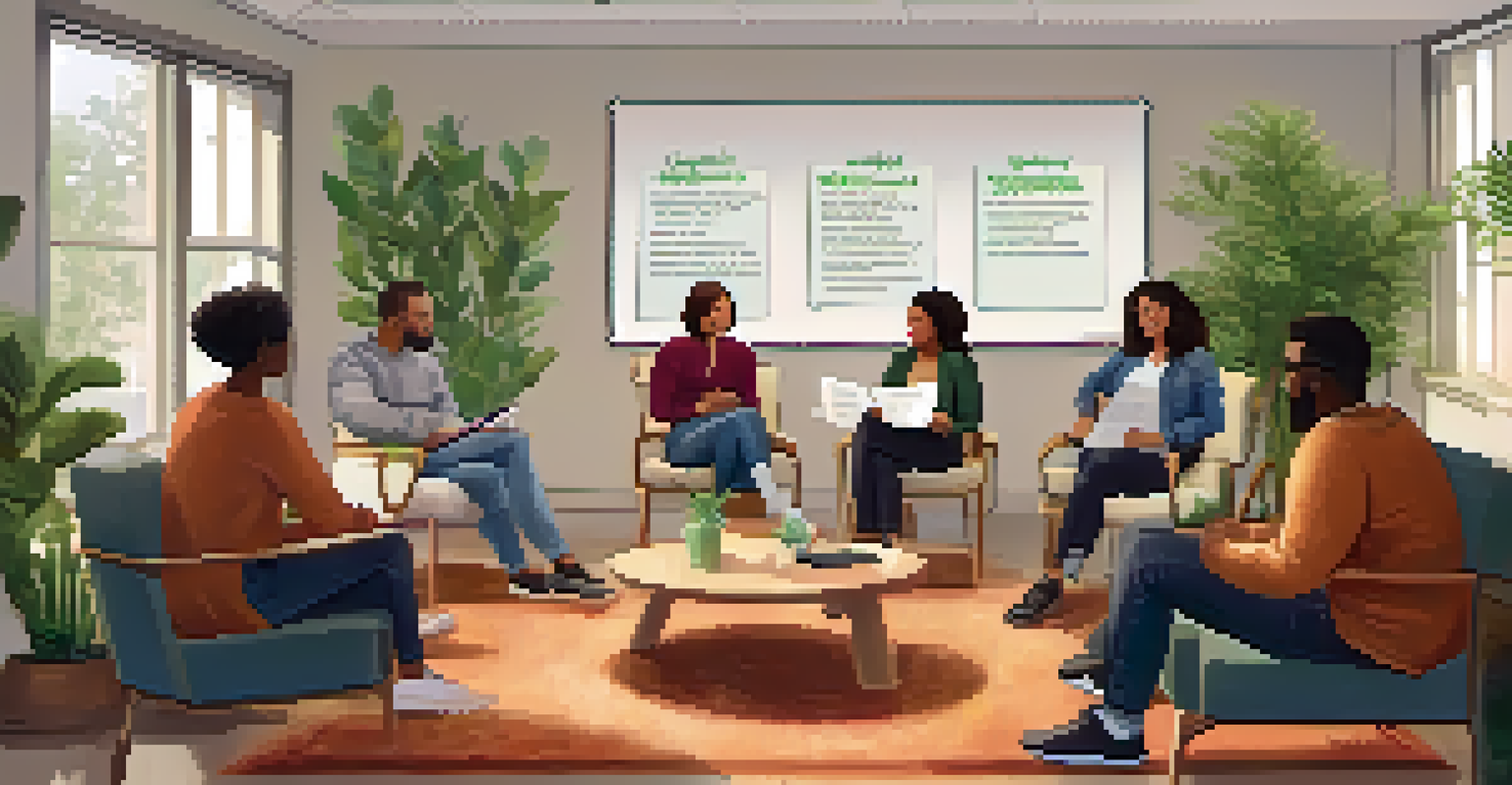 A warm, inviting room with people sitting in chairs discussing recovery, surrounded by plants and positive affirmations on a whiteboard.