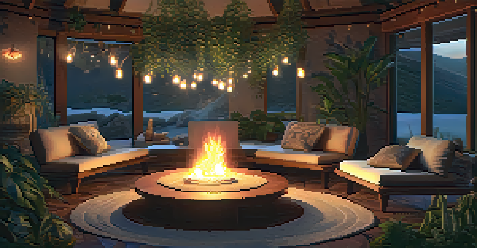 A cozy ceremony space with cushions around a fire, illuminated by candlelight and adorned with plants and crystals.