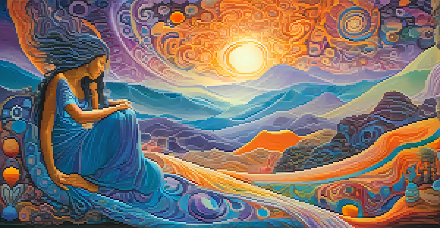 A person sitting cross-legged in an abstract colorful landscape, representing a shamanic journey, with swirling patterns and ethereal figures.