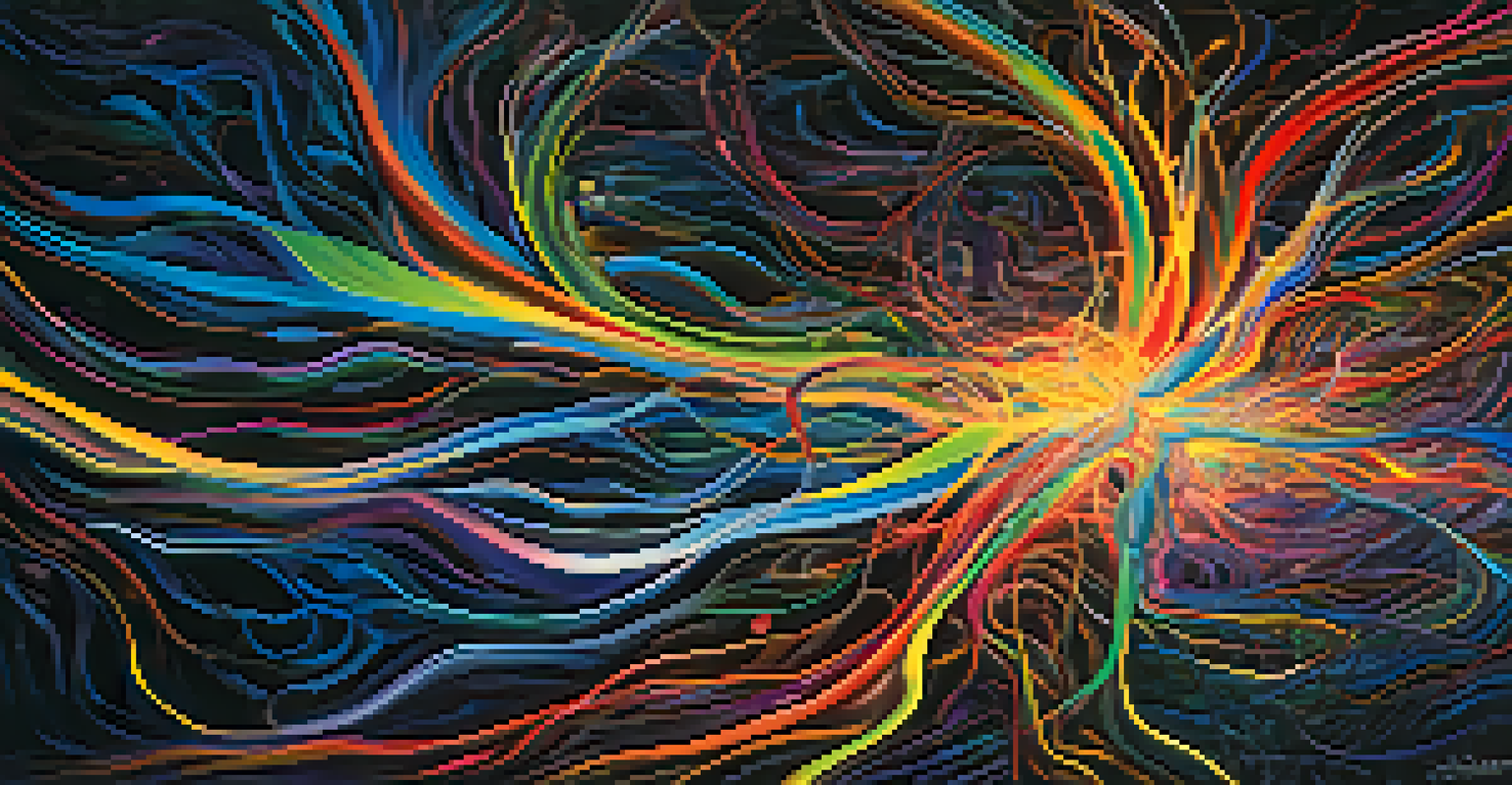 An abstract depiction of a colorful neural network symbolizing thoughts and memories against a dark background.