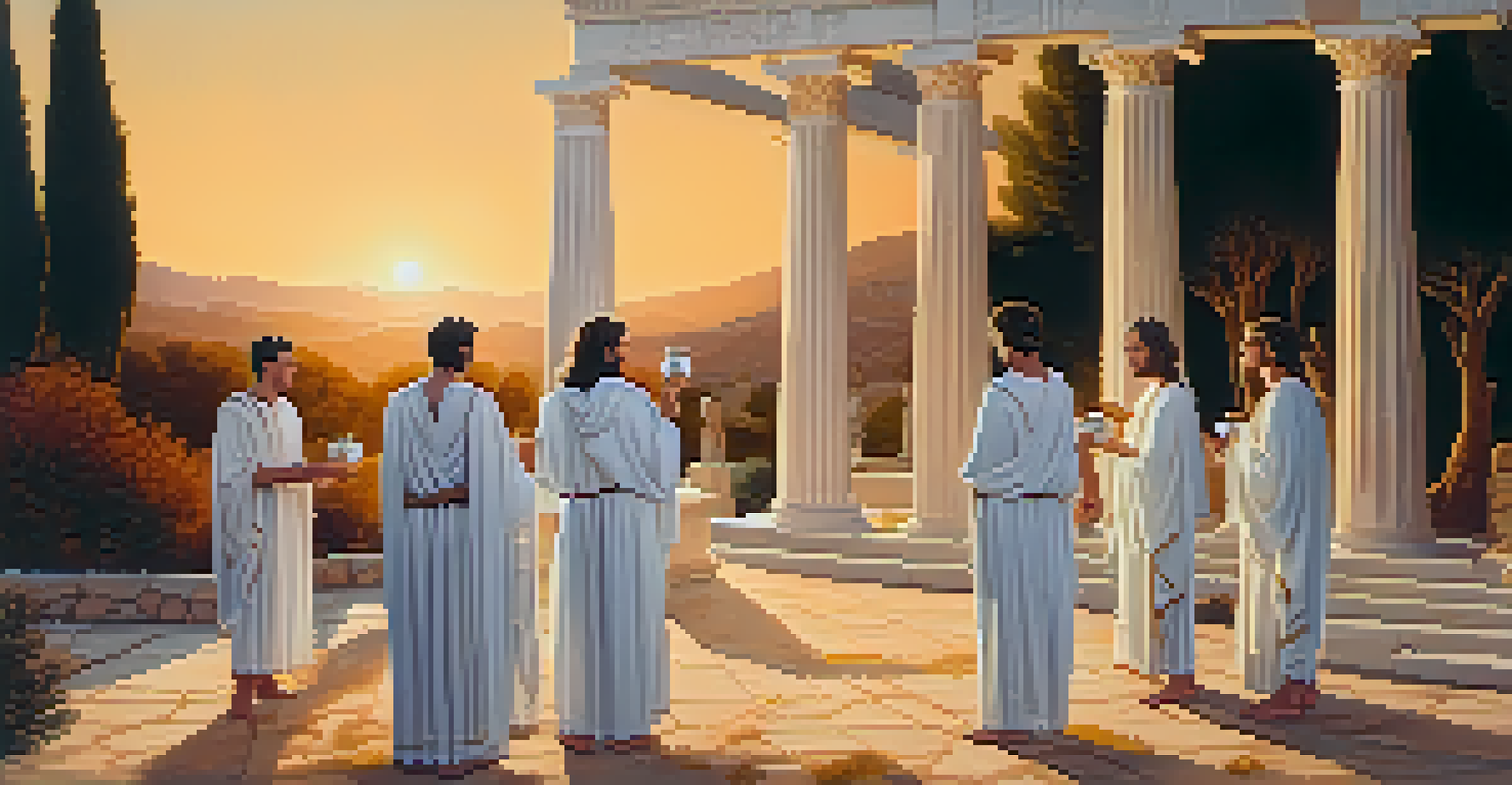 Participants in ancient Greek robes holding cups in a mystical setting of the Eleusinian Mysteries.