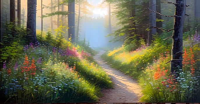 A peaceful forest landscape with morning light, mist, and colorful wildflowers along a winding path.