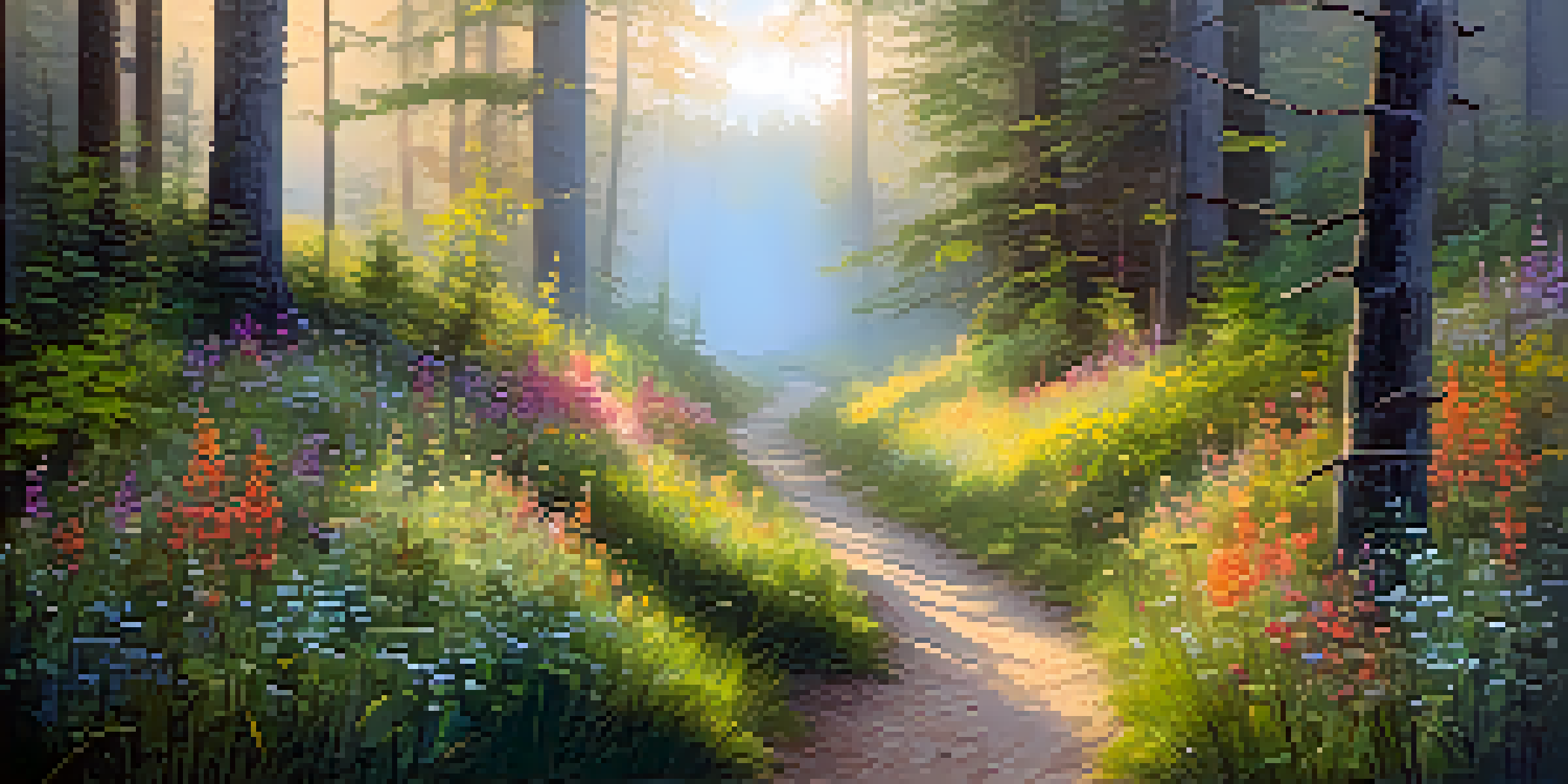 A peaceful forest landscape with morning light, mist, and colorful wildflowers along a winding path.