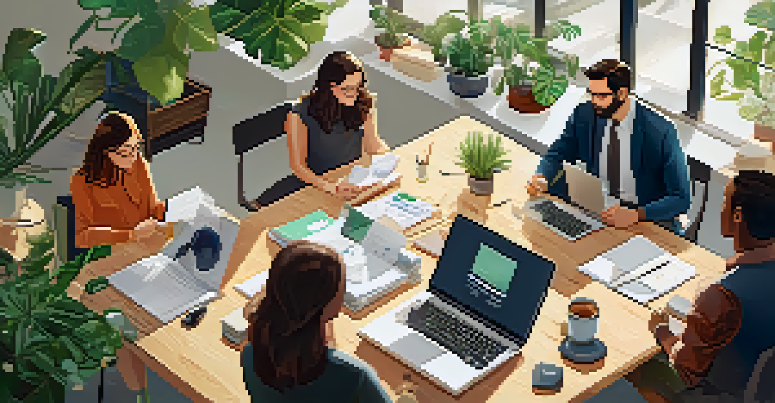 A modern workspace with colleagues brainstorming around a table filled with notebooks and laptops, surrounded by natural light and plants.