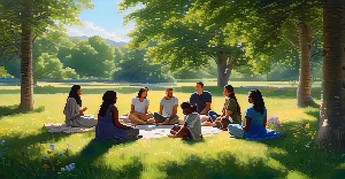 A diverse group of people sitting in a circle on grass, sharing experiences in nature, with sunlight and wildflowers around them.