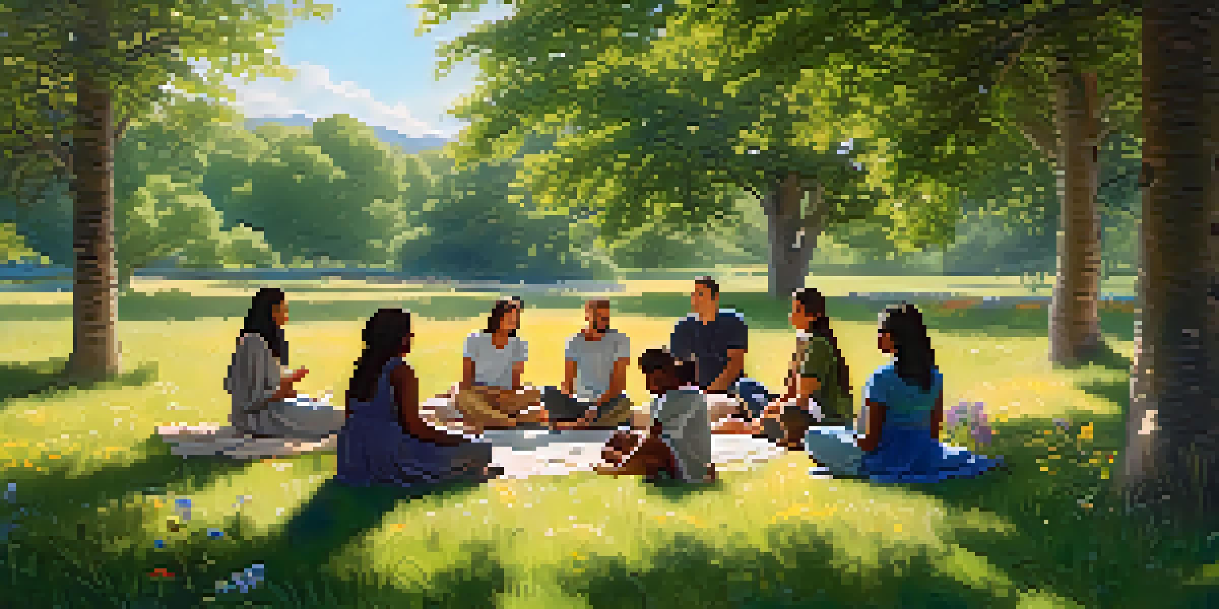 A diverse group of people sitting in a circle on grass, sharing experiences in nature, with sunlight and wildflowers around them.
