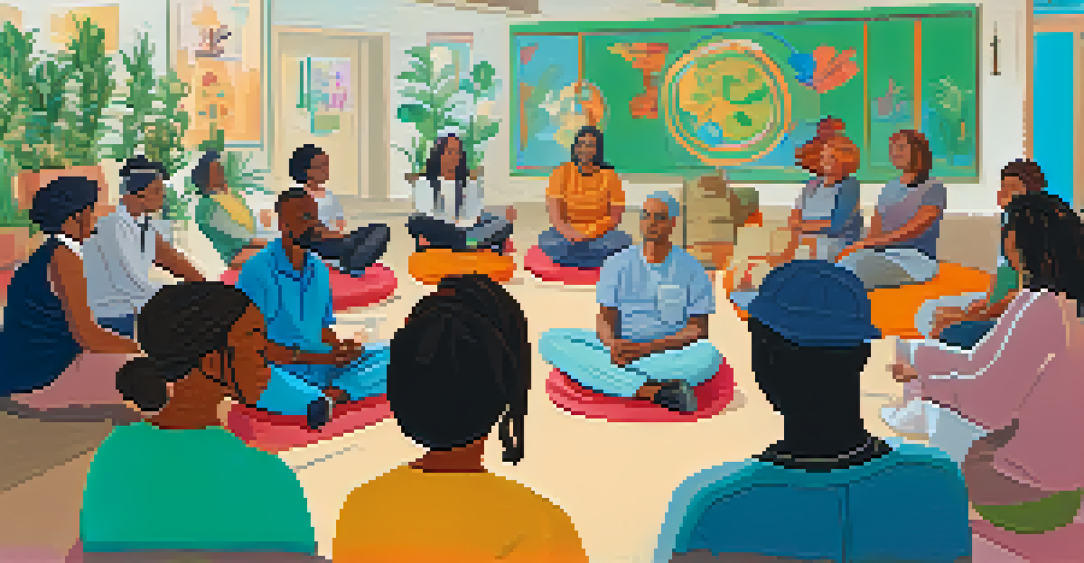 A diverse group of people in a community mental health workshop sitting in a circle, engaged and listening.