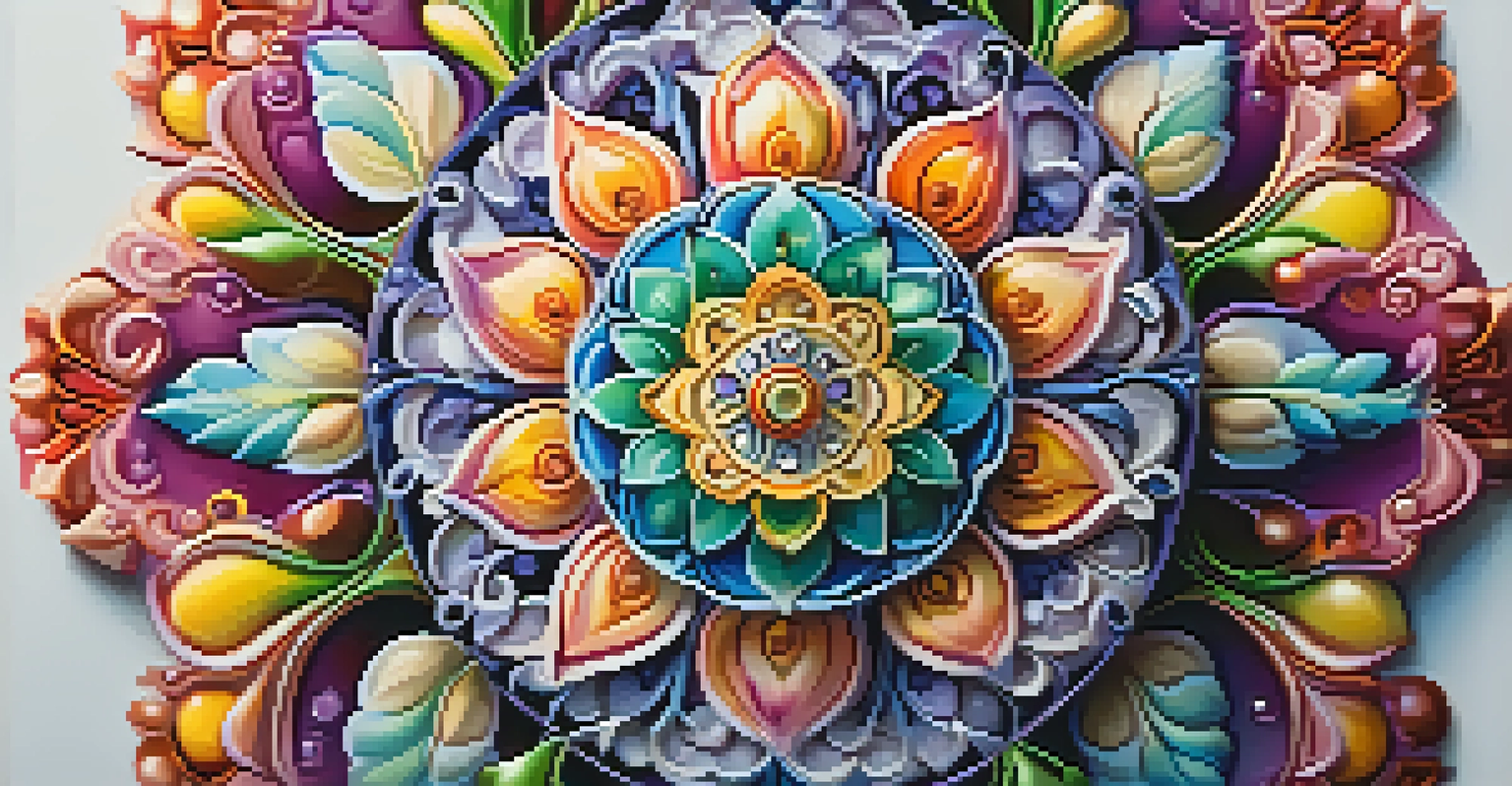 A close-up of a colorful mandala with natural elements, set against a soft pastel background.