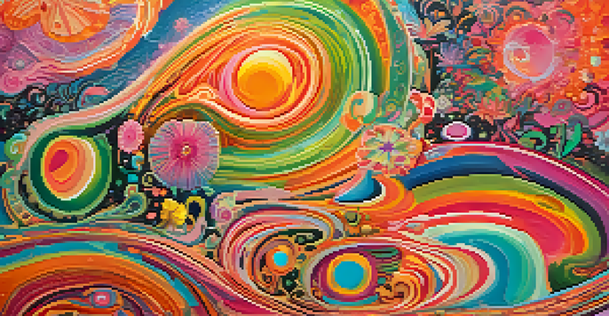 A colorful psychedelic artwork with swirling patterns and floral designs set against a cosmic background.