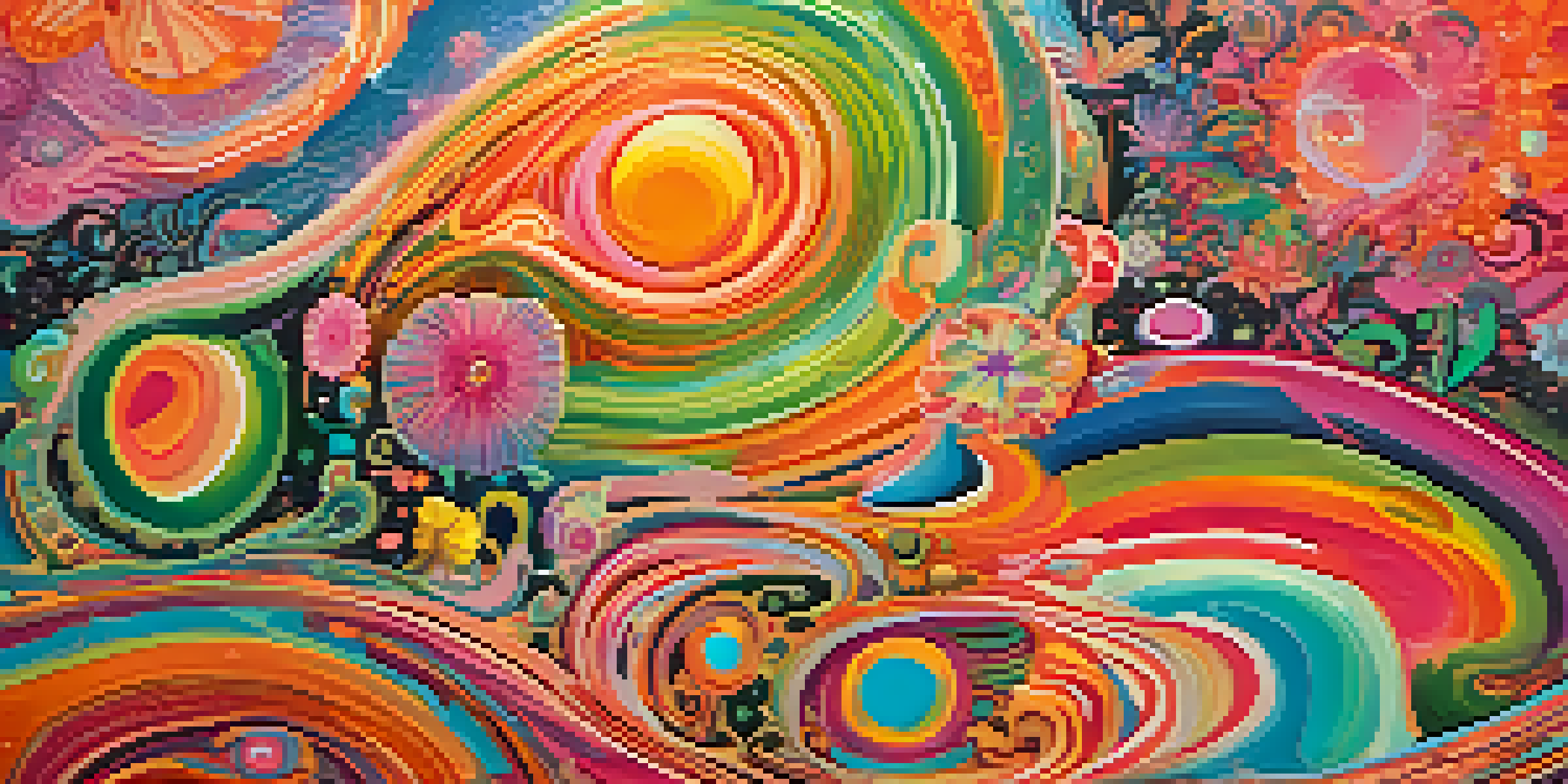 A colorful psychedelic artwork with swirling patterns and floral designs set against a cosmic background.