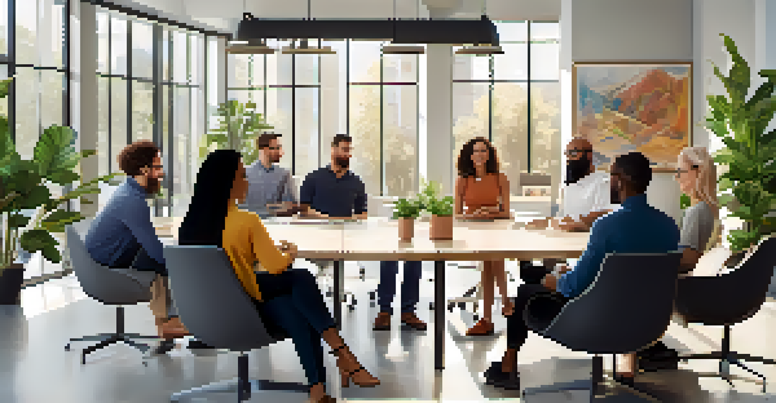 A group of employees in a circle discussing support and mental health in a modern office, surrounded by plants and natural light.