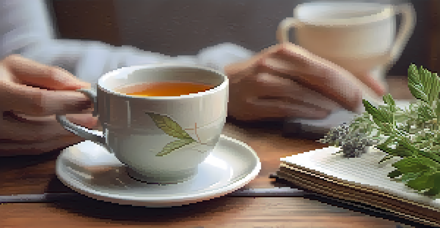 Close-up of hands holding a cup of herbal tea in a cozy workspace with a journal in the background.