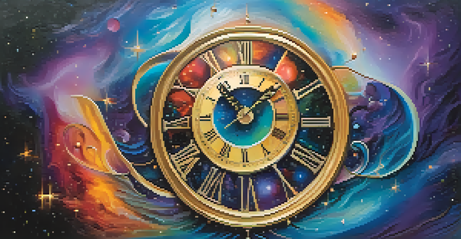 An abstract clock melting in a cosmic background, symbolizing the fluidity of time perception.