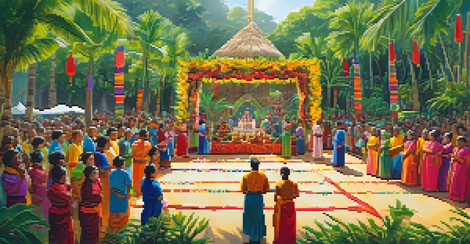 A cultural ceremony in a tropical landscape with participants in traditional attire, celebrating and sharing experiences amidst colorful decorations.