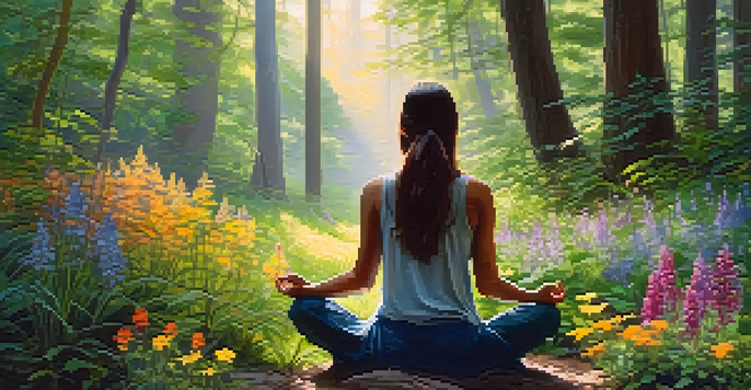 A woman meditating in a sunlit forest surrounded by wildflowers and greenery.