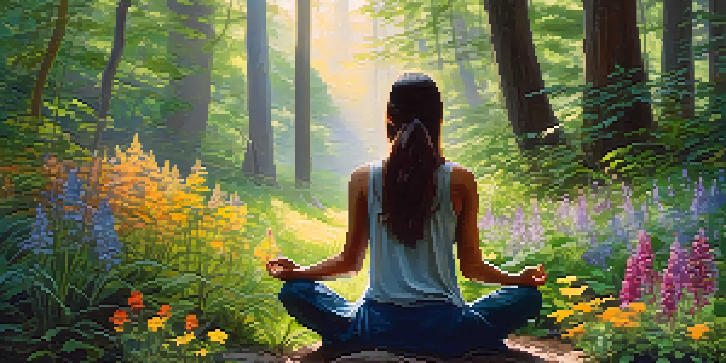 A woman meditating in a sunlit forest surrounded by wildflowers and greenery.