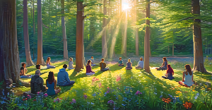 A peaceful forest scene at sunrise with people meditating in a circle among trees and flowers.