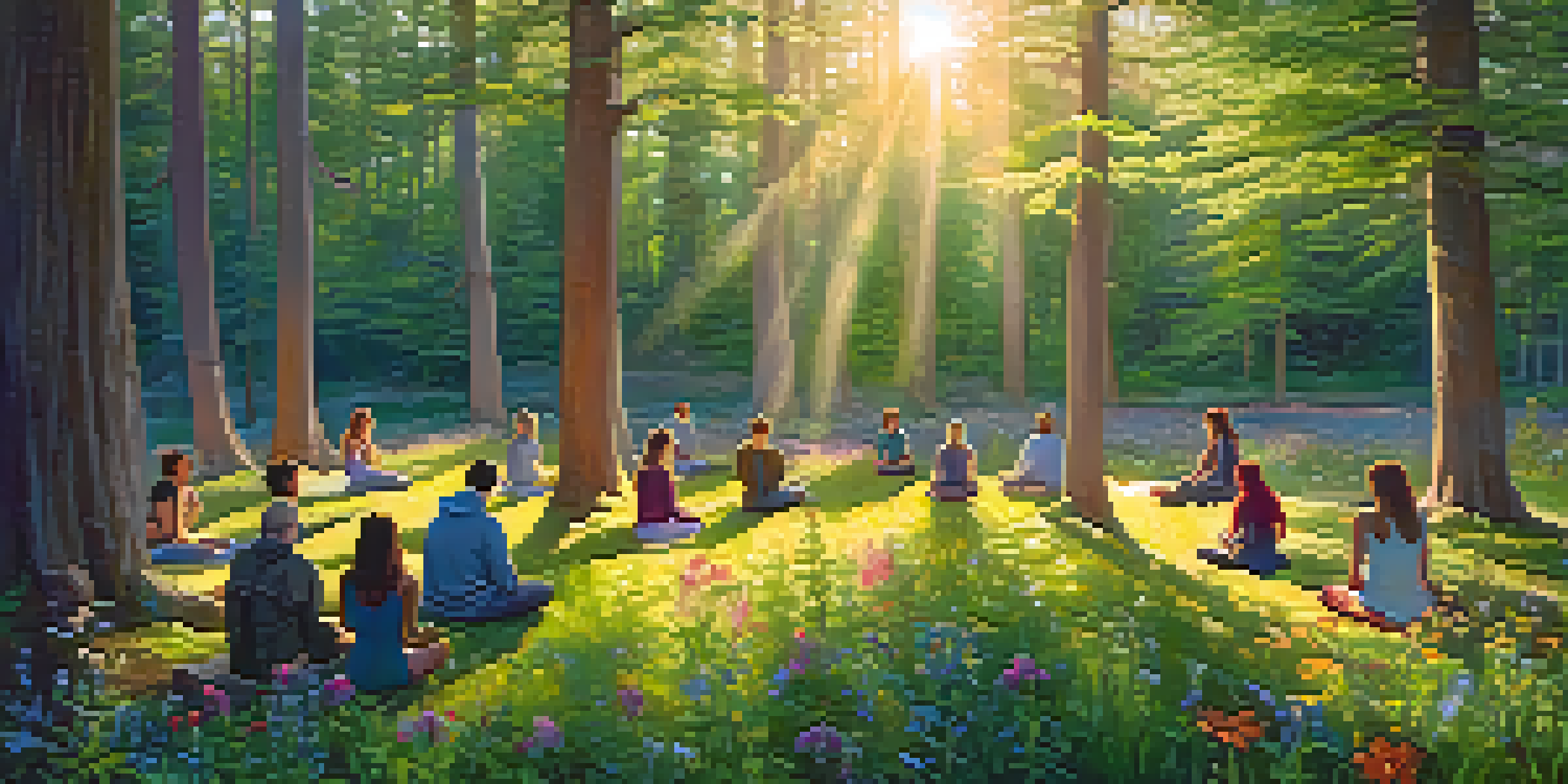 A peaceful forest scene at sunrise with people meditating in a circle among trees and flowers.