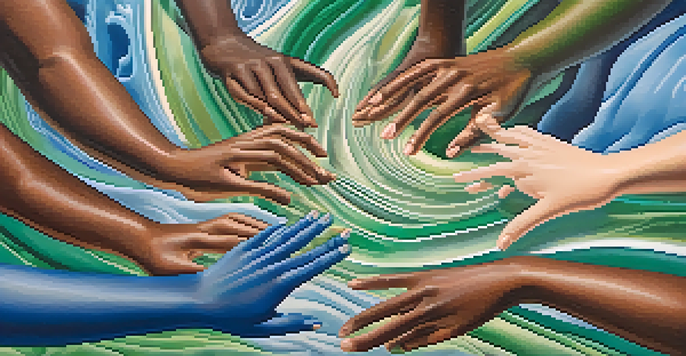 Hands of different skin tones reaching towards each other against a colorful abstract background.
